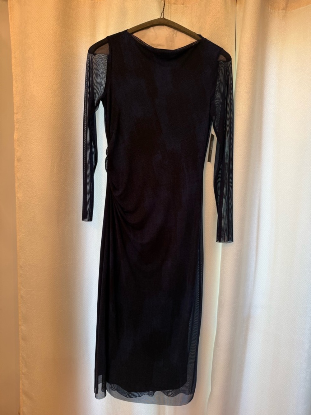 Vince Camuto Classic Navy Long Sleeve Midi Dress with Sheer Mesh Sleeves